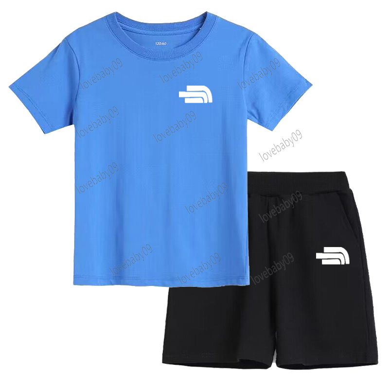 Summer Short Sleeve Children's 100% Cotton Blue T-shirt Set Sports Fashion Boys Girls Shorts 2pcs Set Casual Letter Print Kid Set Outfits-image-1070127913