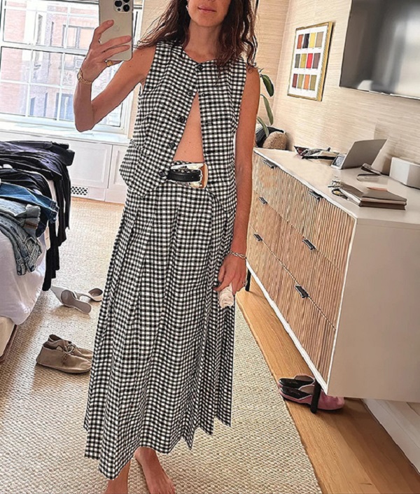 Women Plaid Pleated Mid-calf Skirt or Round Neck Single Breasted Sleeveless Lady Vest Top 2026 Spring Summer