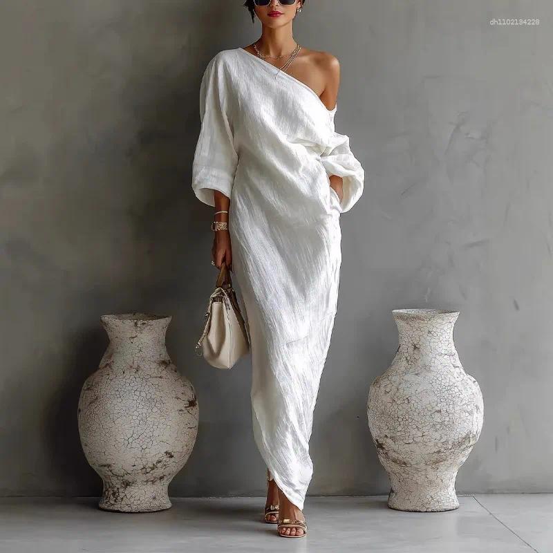 Casual Dresses Women's One-Shoulder Linen Maxi Dress White Asymmetrical Long With Batwing Sleeves Textured Fabric And Side Pockets