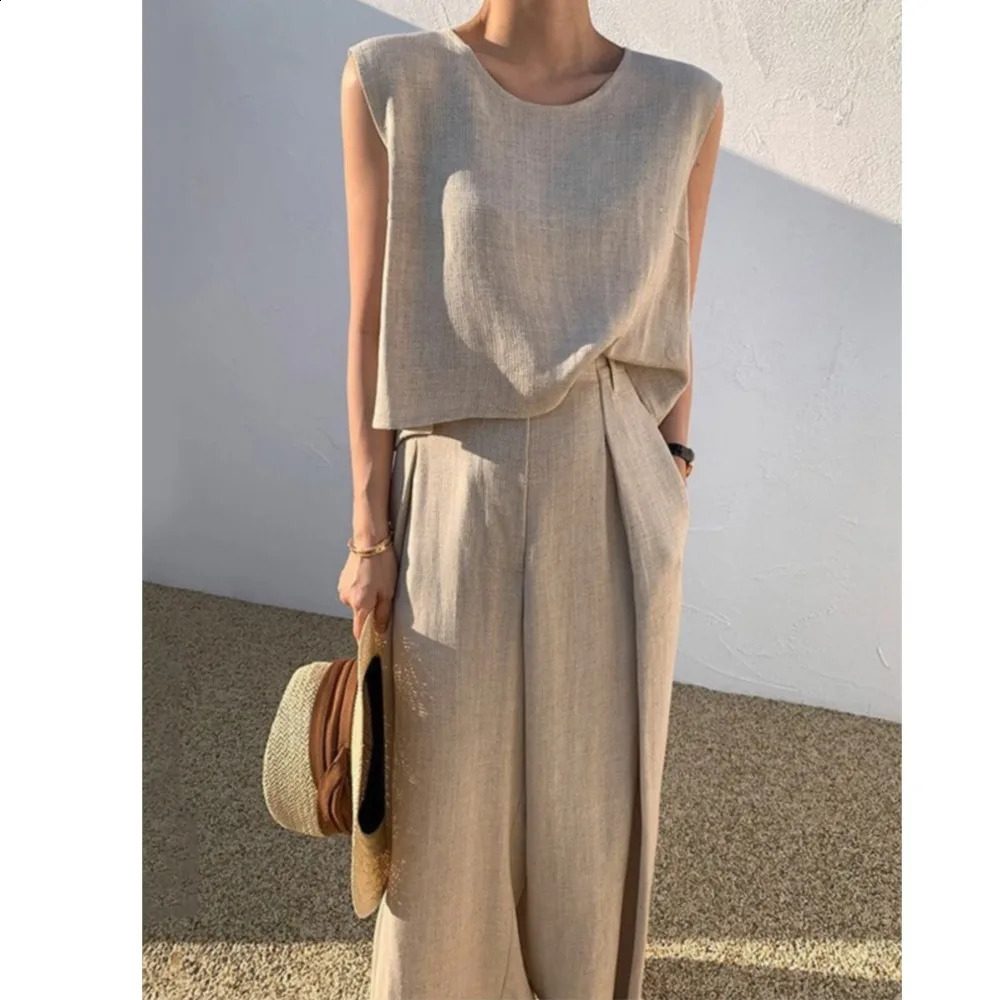 Cotton Linen Fashion Round Neck Sleeveless Vest Wide Leg Pants Two-piece Set Casual Loose Womens Set Style 260520BJ