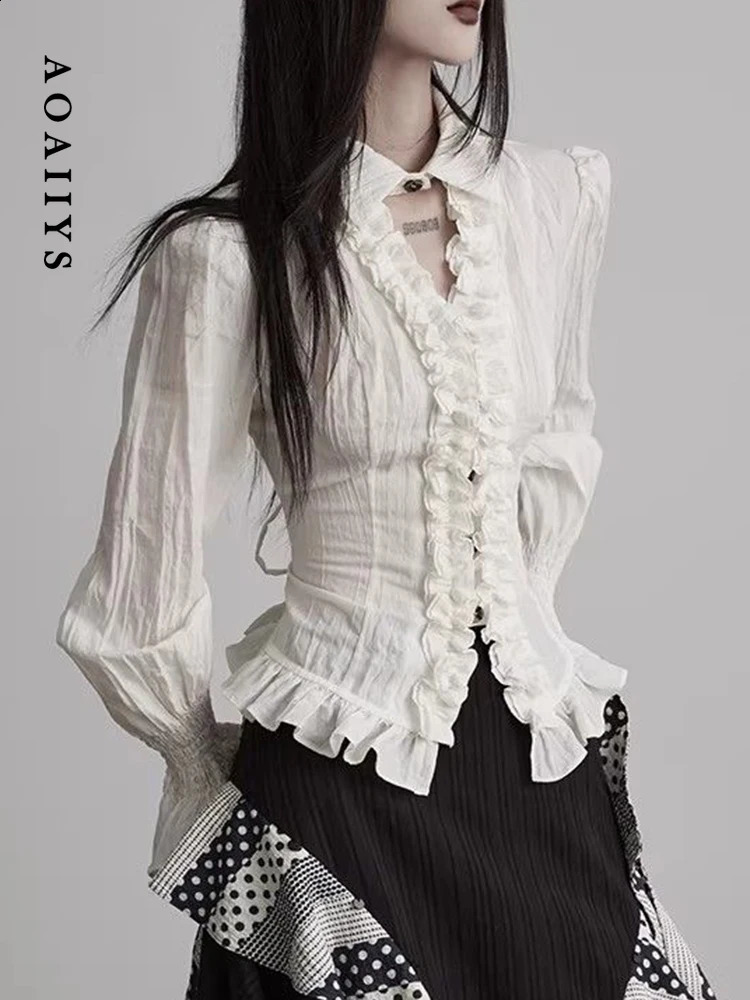 Aoaiiys Vintage Shirts Women V Neck Ruffled White Shirt Lace Up Smil n Blouse Spring 2026 Summer Simple Classic Tops 260521