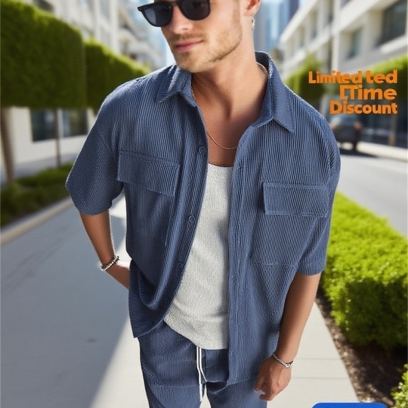 2025 Summer mens loose multi pocket short sleeved shirt outdoor casual sports corduroy street set Tshirt style yy260420BANJIA
