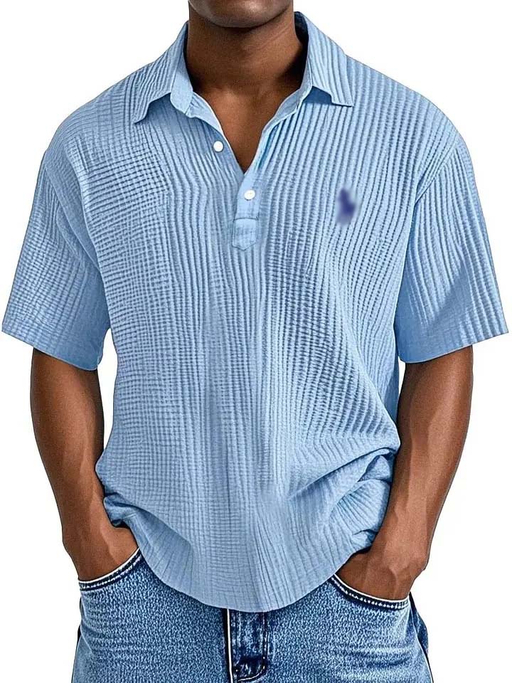 Men's Plus Tees & Polos 2026 New Men's Loose Vertical Striped Short Sleeved T-shirt Solid Color Embroidery Lapel Casual Cotton Breathab-image-1106980879
