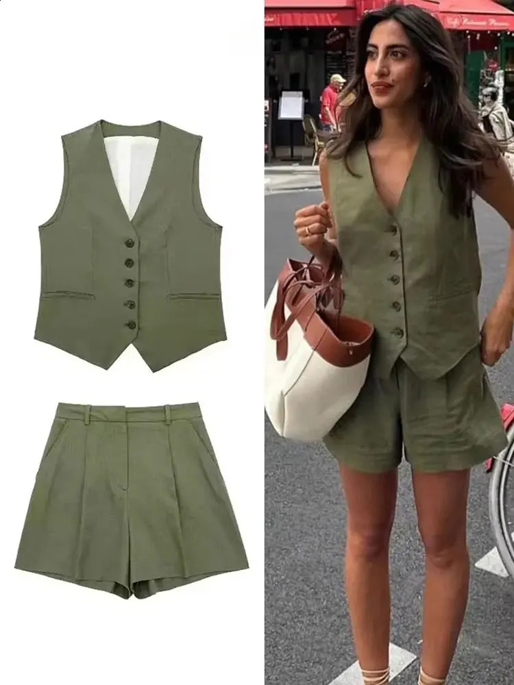 HH Women Elegant Solid Waistcoat Pant Sets Single Breasted V Neck Vest Top High Waist Slim Shorts Lady Office Wear Suits 260520BJ