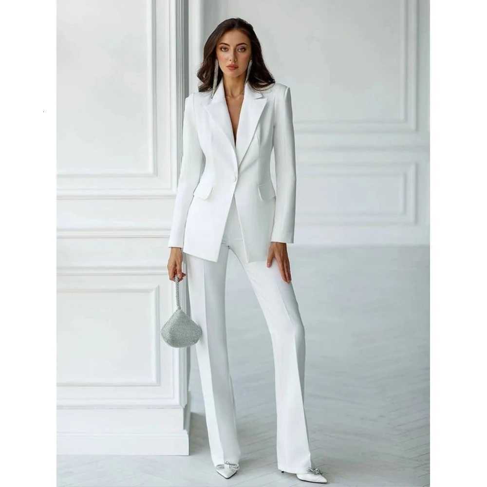 Elegant White Slim Womens Two Pieces Suit Set One Button Jacket Long Straight Pants Sets Office Banquet Wedding Female ClothingT260520