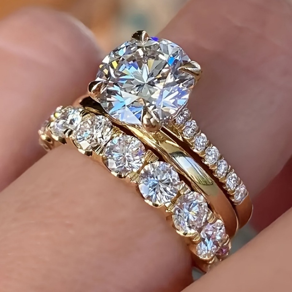 Designer Luxury 4-Prong Round Cut CZ Bridal Ring Set, Gold Tone Engagement Ring + Half Eternity Wedding Band-image-1107278892