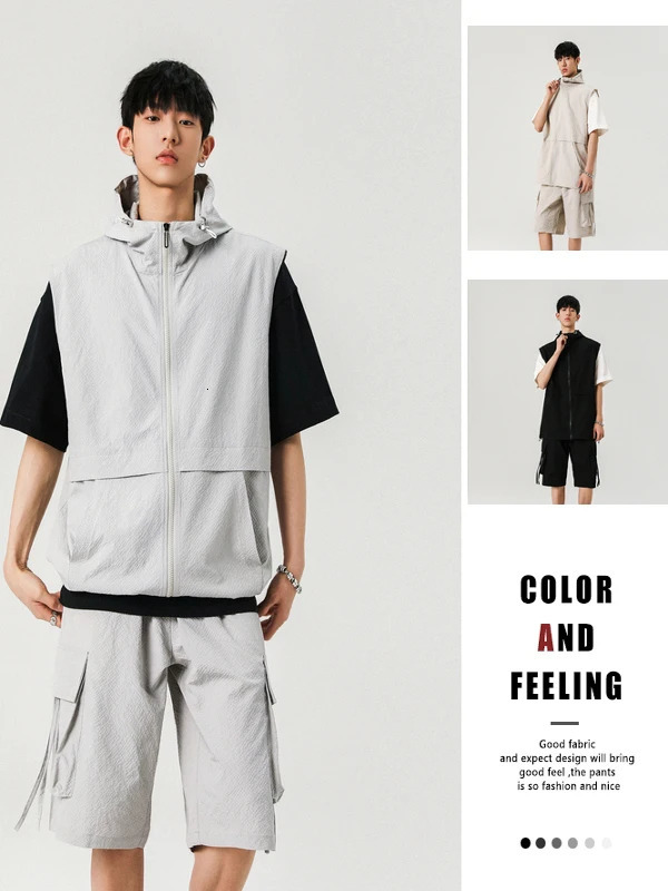 Mens Pure Color Hooded Vest Summer Thin Casual Pants orts Trendy n Loose Two-Piece Set Polyester Fiber ort Sve 260522BJ
