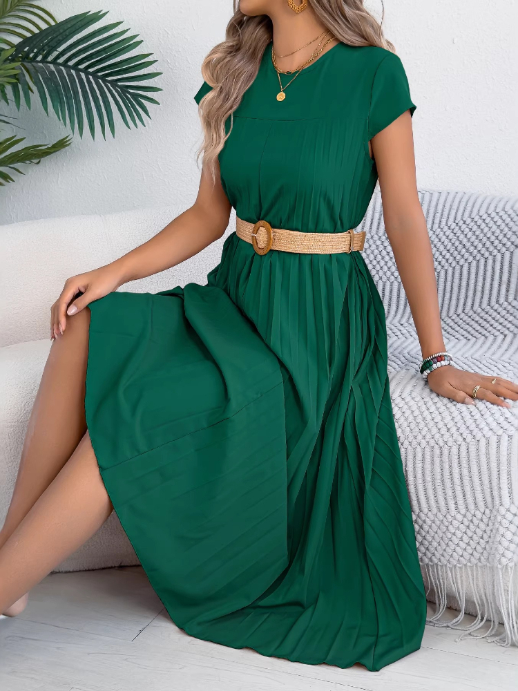 (360) Spring/Summer Casual Loose-Fit Short-Sleeve Pleated Dress with Pockets-image-1107242675