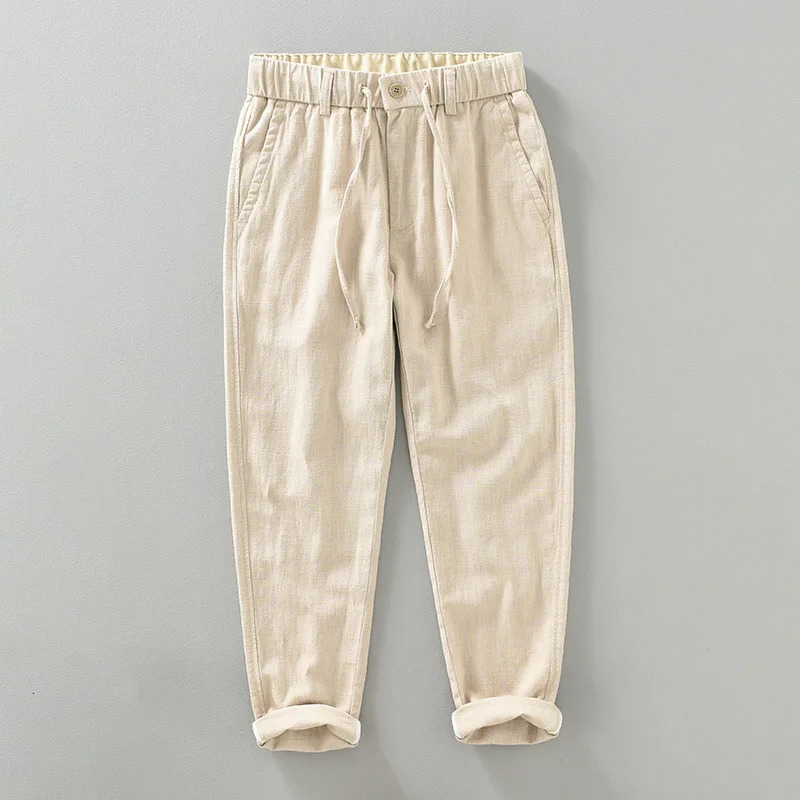 Spring Summer Man Pants Japan Retro Cotton Linen Pants Men Solid Drawstring Elastic Waist Trousers Casual Breathable Pants Daily 260521BJ