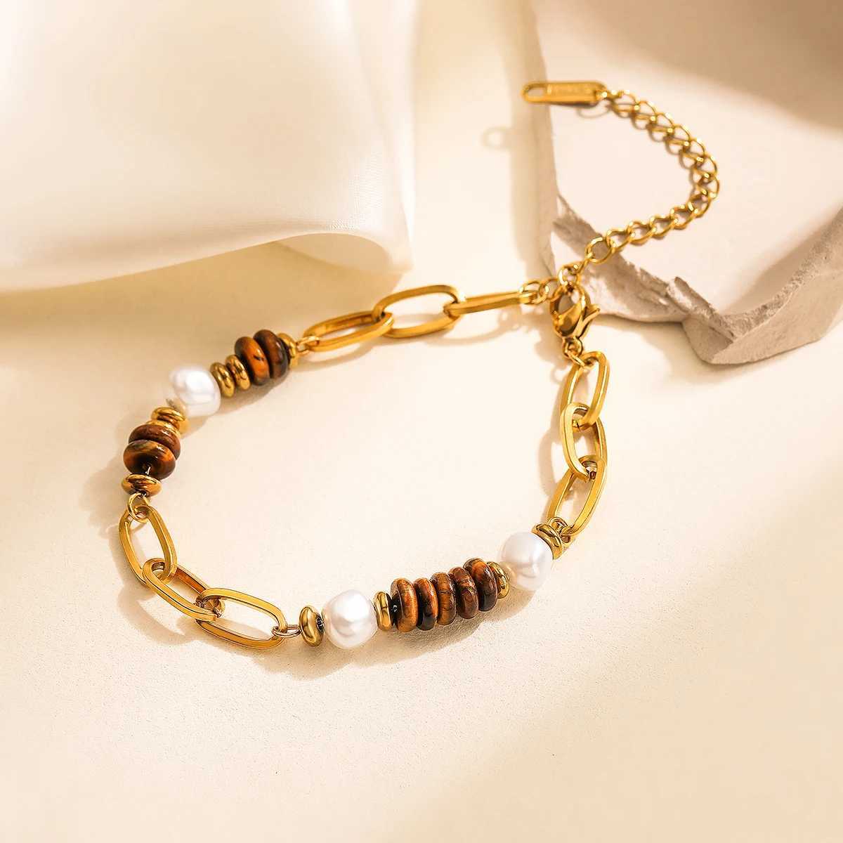 Beaded Bracelet Cmoonry Handmade Natural Beads Charm Bracelets For stretch Women Gold Color Non Fading Stainless Steel Jewelry Bead