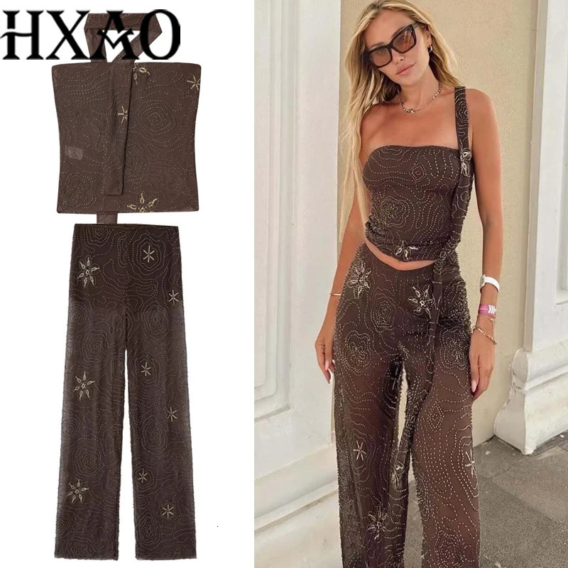 HXAO Tulle Womens Two Pieces Set Baggy Sequin Pants Sets Strapless Crop Top Beaded Long Pants 2 Piece Sets Semi Sheer Trousers 260522BJ
