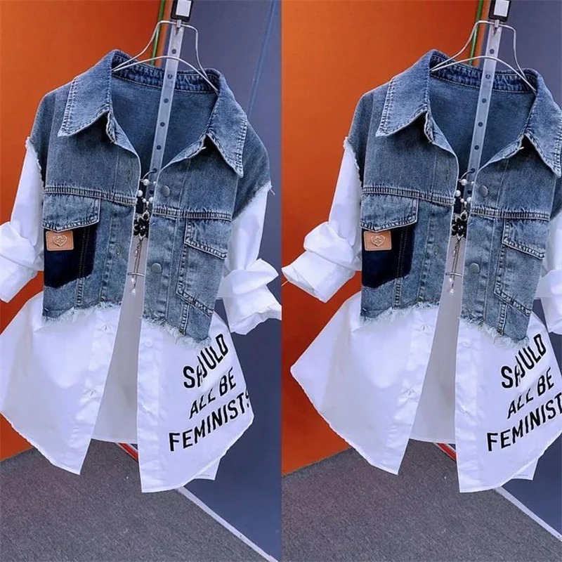 Jacket Two Denim Shirts Womens Spring and Autumn Casual Fashion Joker Stitching Striped Tops 260520BJ 1c