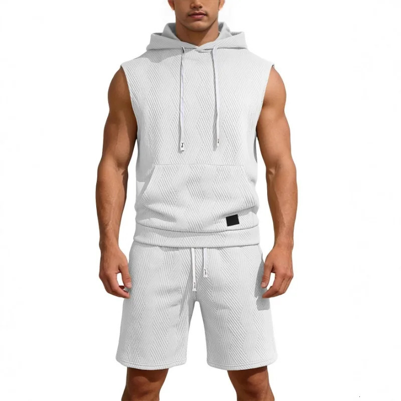 2025 Sleeveless Top Mens Loose Waistcoat Casual Sports Hooded Vest Sweatshirt Casual Shorts Suit 260522BJ