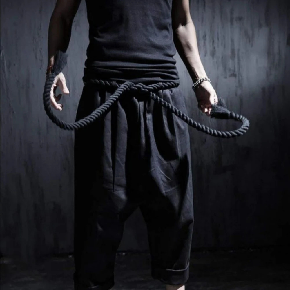 Men Summer Black Linen Harem Pants Nightclub Stage Baggy Trousers With Rope Belt Mens Gothic Punk Hip Hop Joggers Street Wear 260521BJ