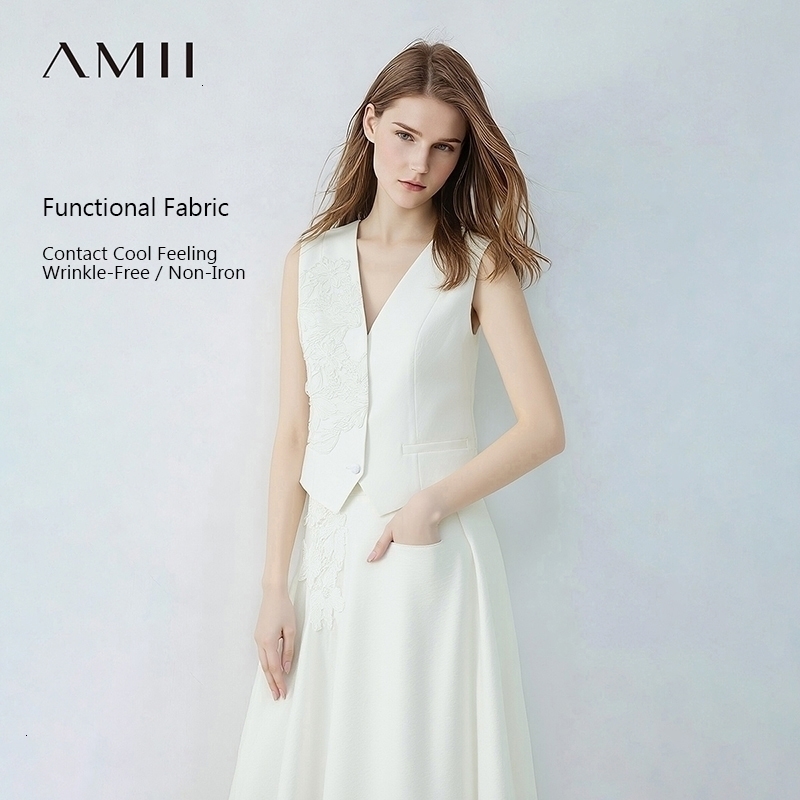 Amii Womens Vest Top 2026 Summer V Neck Sleeveless Lace Splicing Elegant Office Straight Short Tank For Women 12622027 260521BJ