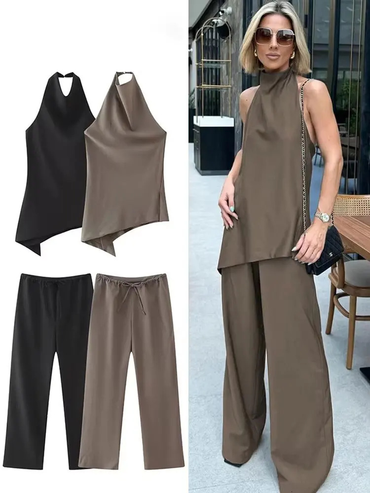 HH Women Vintage Solid Pant Sets Sexy Backless Halter Camis Top Asymmetric Tank Top Drawstring Trousers Fashion Streetwear 260522BJ