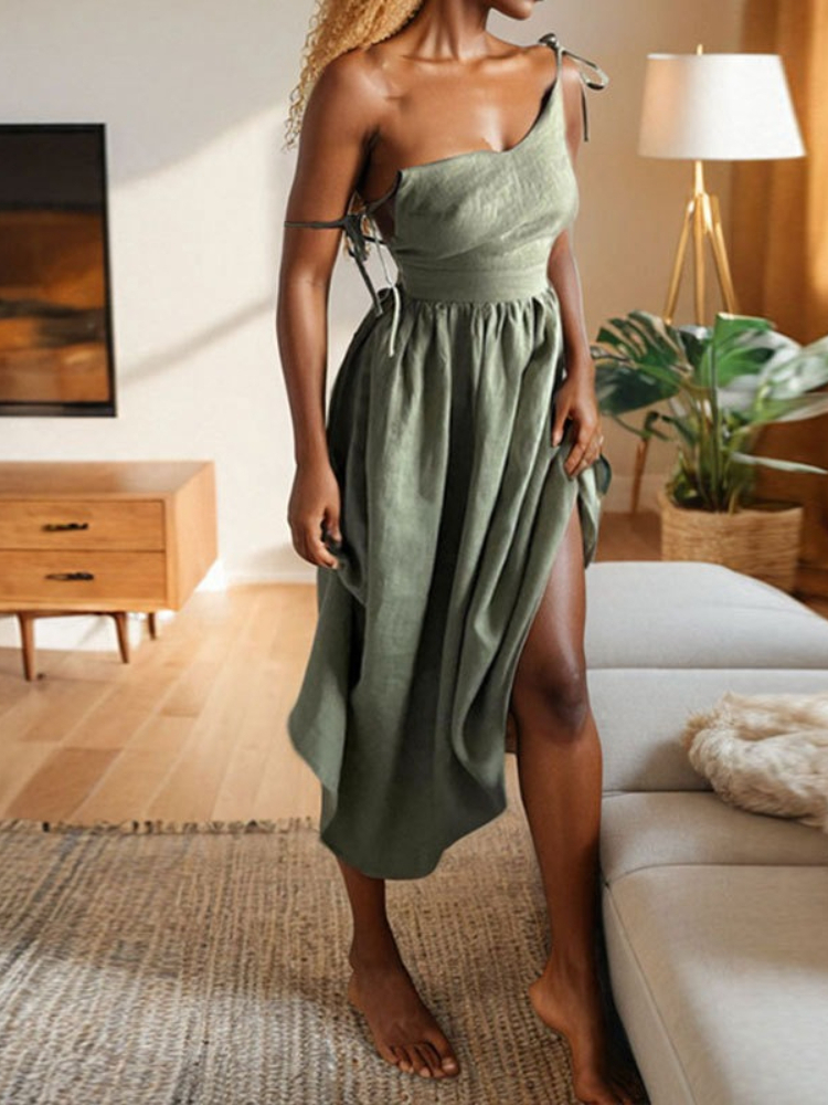 (365) New Spring Arrival: Elegant Sexy Solid-Color Forest-Style High-Waisted Strappy Dress-image-1107248654