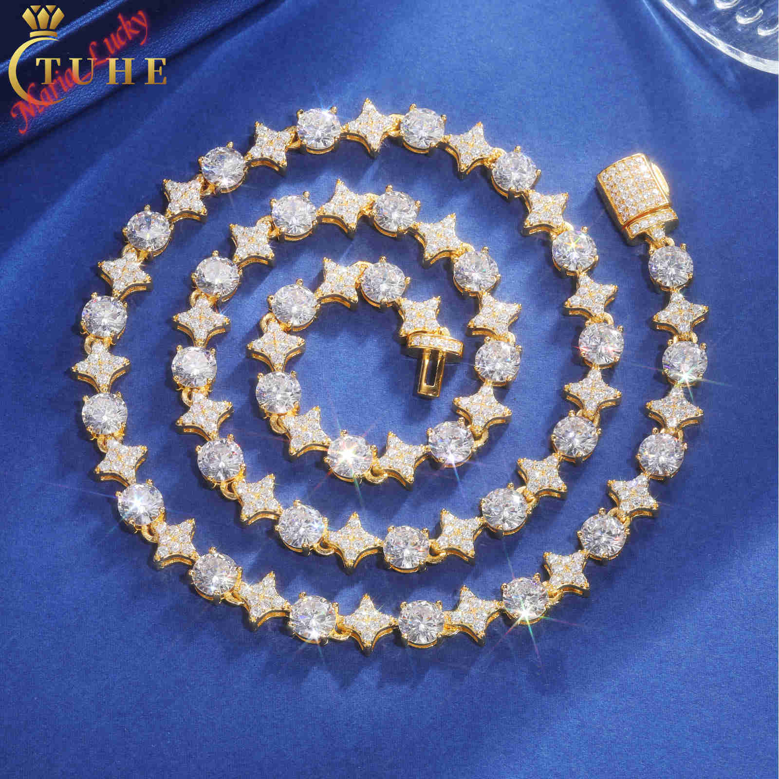 6MM New Design Star Round Moissanite Tennis Chain Necklace 925 Sterling Silver 18K Gold Plated Iced Out Hip Hop Couple Fine Jewelry Pass Diamond Tes