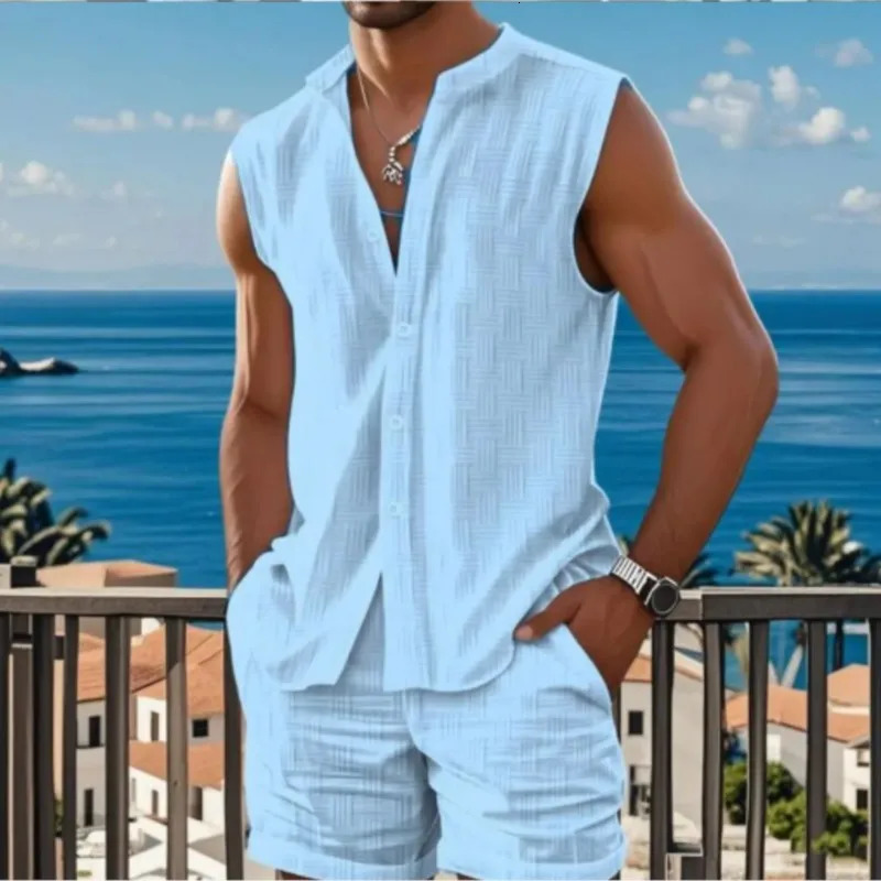Summer Cotton linen Mens set Casual Sports Sleeveless Vest Shirt Fashion Loose Comfortable Outdoor Shorts Beach 2-pie set 260522BJ