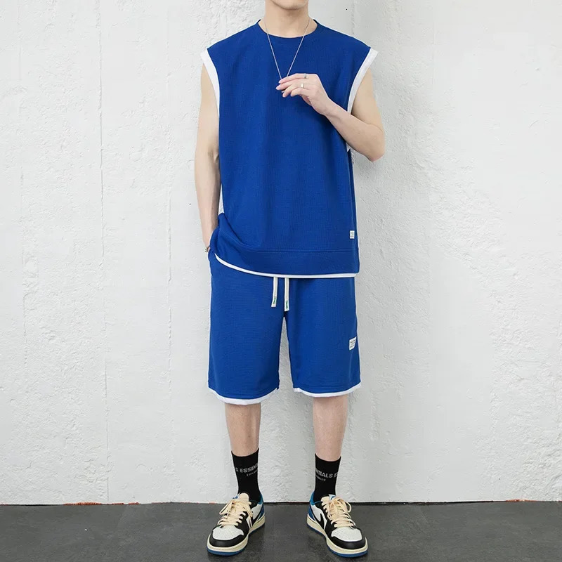 2025 Waffle Fabric Sleeveless Vest Set Mens Summer Casual Sports Set Breathable Loose Male Vest and Shorts 2PC Sports Suit 260522BJ