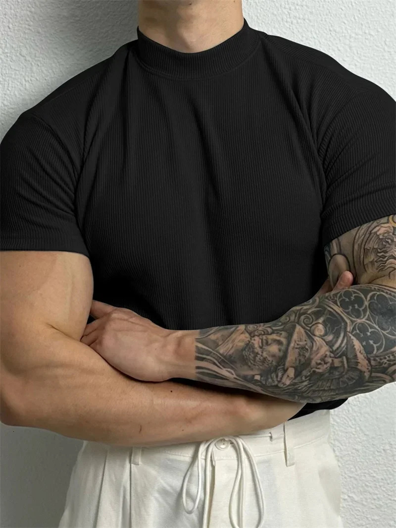 spring summer fashion Mens T-shirt Small high collar stripe shirt short sleeve fitness top leisure sport T-shirt Men sportswear 260522BJ
