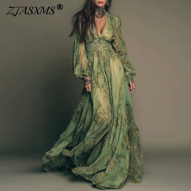 Elegant Green Floral Print Chiffon Maxi Dress Spring Sexy Deep V Neck High Waist Long Dress Summer Bohemian Beach Maxi Dress 260516BJ