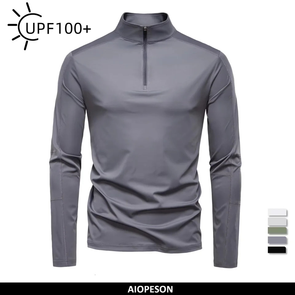AIOPESON Mens UPF100 Sun Protection Long Sleeve Shirt Solid Color Zipper Outdoor Shirts Stand Collar Quick Dry T Shirts 260522BJ