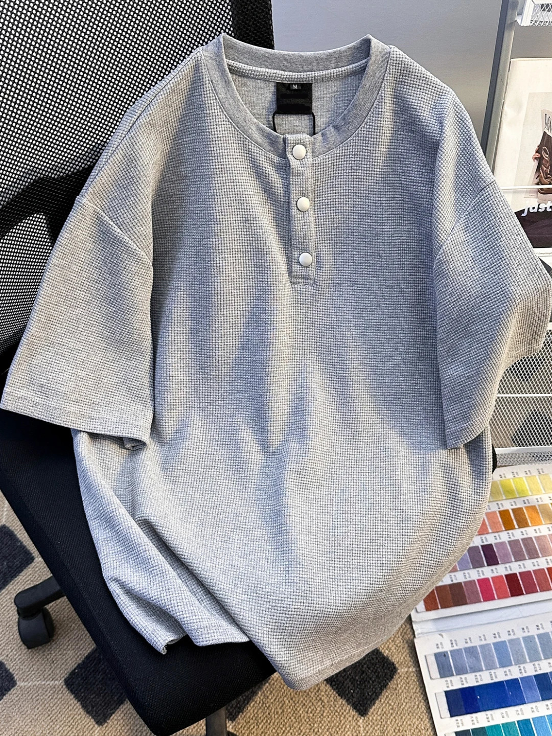 American Retro Henry Neck Short-sleeved T-shirt Korean Style Fashion Waffle Loose Niche n Sense Casual T-shirt Trendy Top 260521BJ