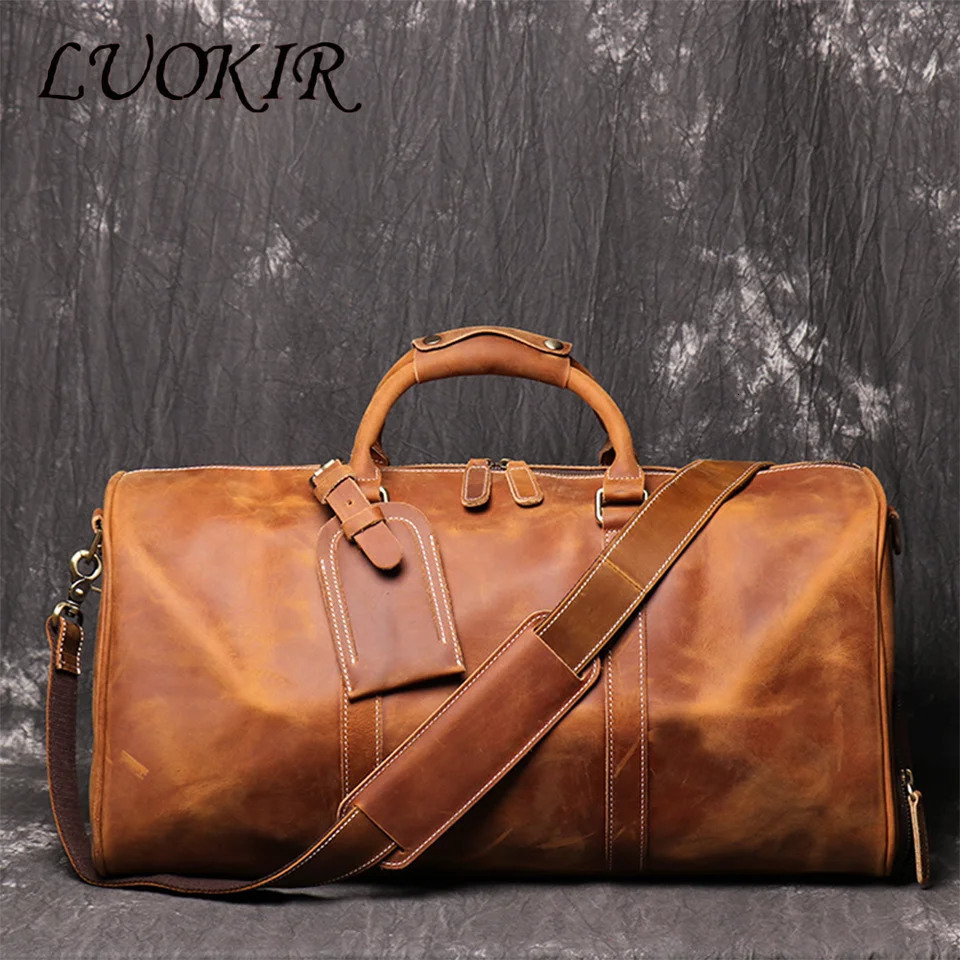 LUOKIR High Quality Mens Travel Bag Genuine Leather y Luggage Crazy Horse Duffle Vintage Business Handbag 260522banjia