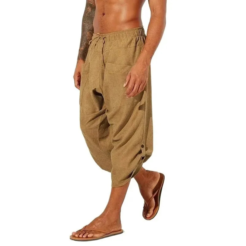 Baggy Beach Crop Pants 3/4 Cotton Linen Holiday Casual Yoga Trouser Loose Drawstring Elastic Waist Mens Vikings Costume 260521BJ