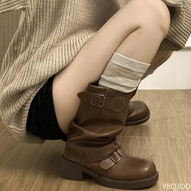 Autumn and Winter Fashion Retro Brown Western Cowboy Boots Womens Boots Look Slim Thick and Stacked Short Boots 260519BJ
