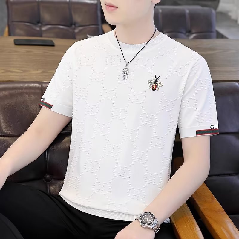 Summer thin ice silk short-sleeve t-shirt for men, trendy brand 3D embroidered knitted half-sleeve summer top, men's wholesale