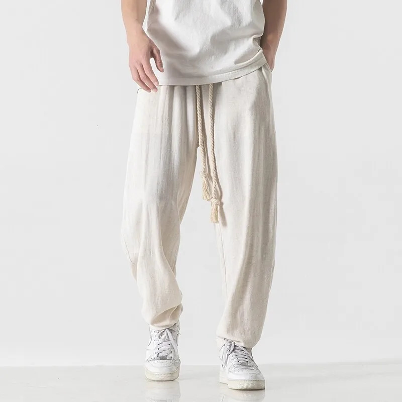 Mens Cotton Linen Pants Mens Summer Breathable Solid Color Harem Pants Male Streetwear White Trousers Men Ankle-Length Pants 260521BJ