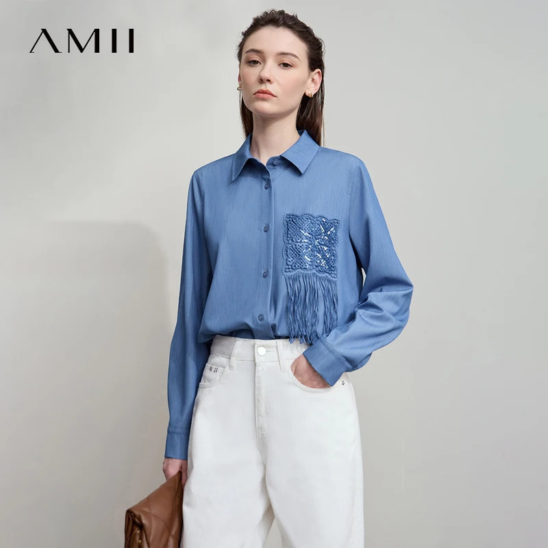AMII Womens Shirt 2025 Autumn Casual Long Sleeves Womens Clothing Loose Medium And Long Tassel Elegant Ladies Tops12523124 260521BJ