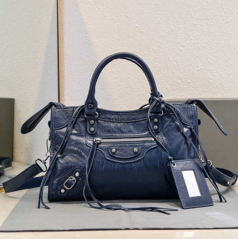 Classic Neo City Motorcycle Tote Shoulder Handbag Crossbody Blue Genuine Sheepskin Leather with Attached Mirror 31 cm Designer Bag