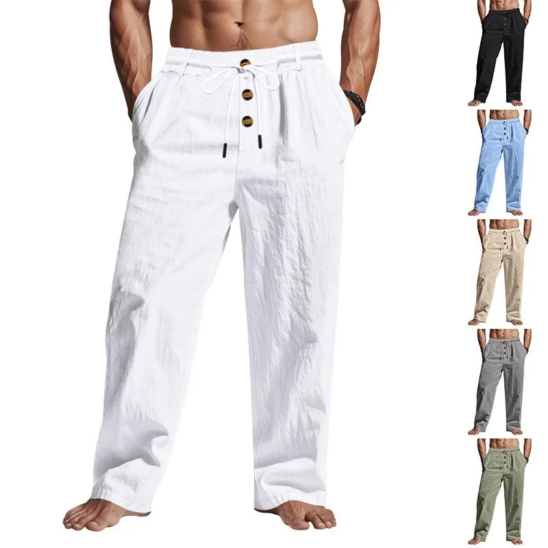 Autumn Mens Linen Cotton Pants Solid Color Button Drawstring n Casual Loose Fit Cozy Trousers Simple Style Long Pants 260521BJ
