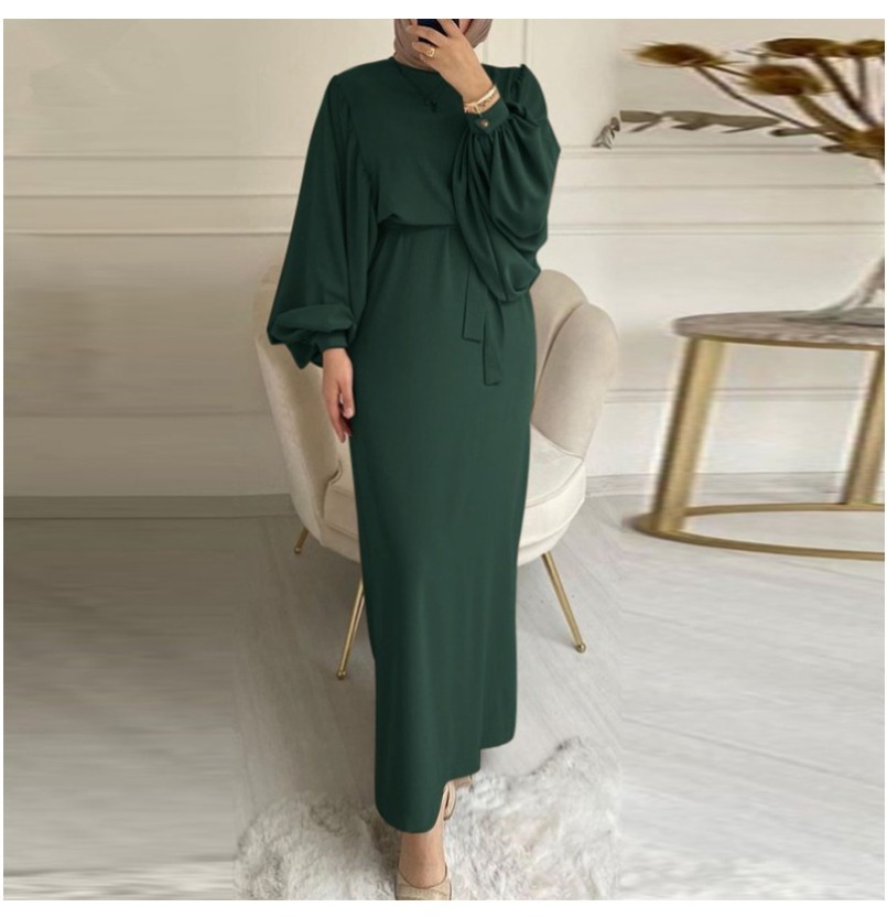(1858) New Elegant Simple Lace Dress Long Sleeve Solid Color Sundress Robe-image-1107202872