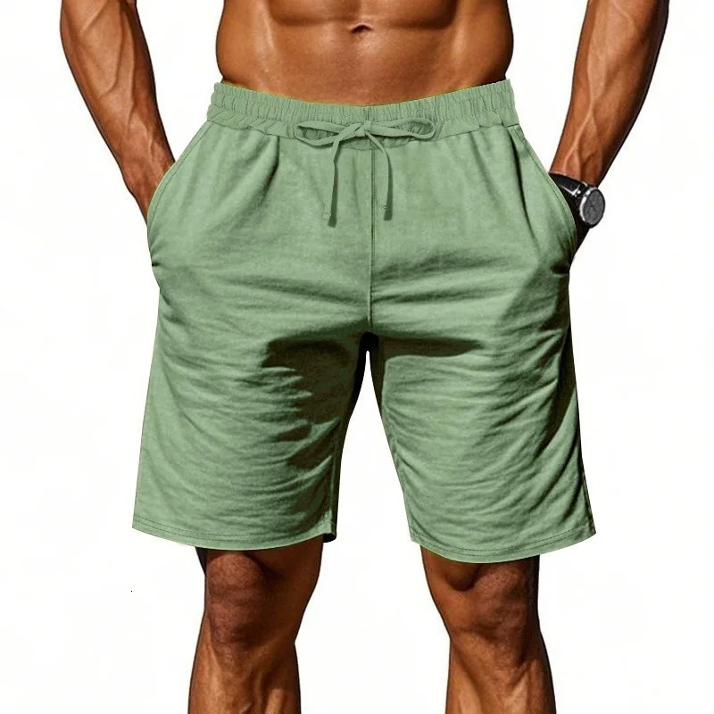 mens cotton and linen solid color short shorts lightweight sports pants beach jogging shor 260515BANJIA
