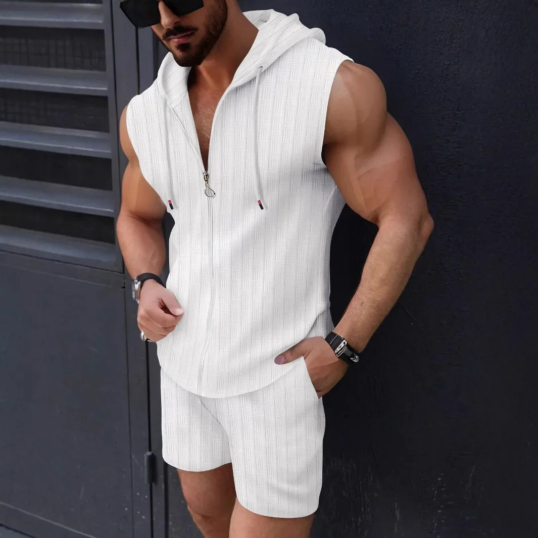 Summer Fashion Mens Casual Trendy Solid Color Hooded 2 Piece Sets Sleeveless Zipper Sweatshirrts Knee Length Shorts Male 260522BJ