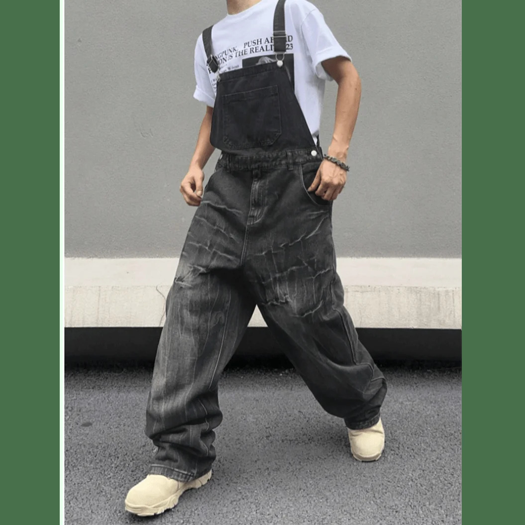 Mens denim overalls trendy streetwear casual loose-fit slimming jumpsuit lightning-pattern washed denim pants 260521