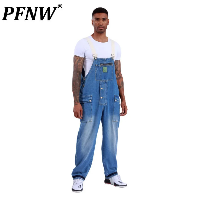 PFNW American Style Mens Washed Distressed Denim Cargo Multi-pocket Loose Suspenders Pants 2026 Summer 28L2215 260521BJ