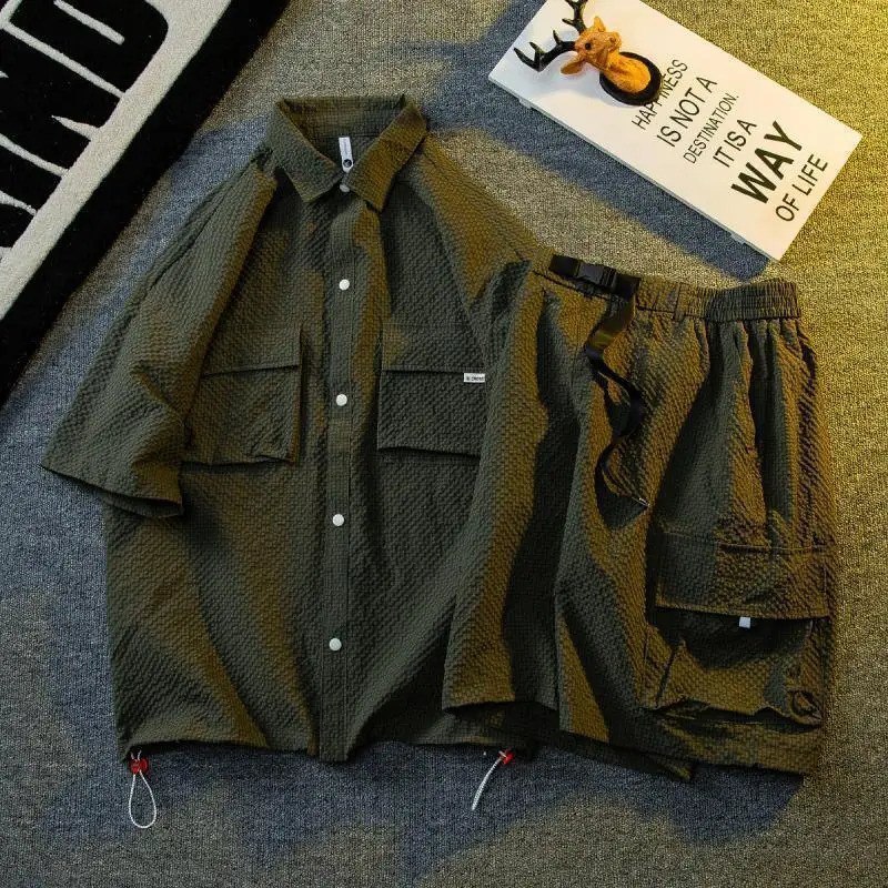 Texture Ice Silk Workwear Suits Men Short sleeve Shirt And Shorts Two-piece Set Summer Cool Quick Drying Loose Outfits Oversize 260522BJ