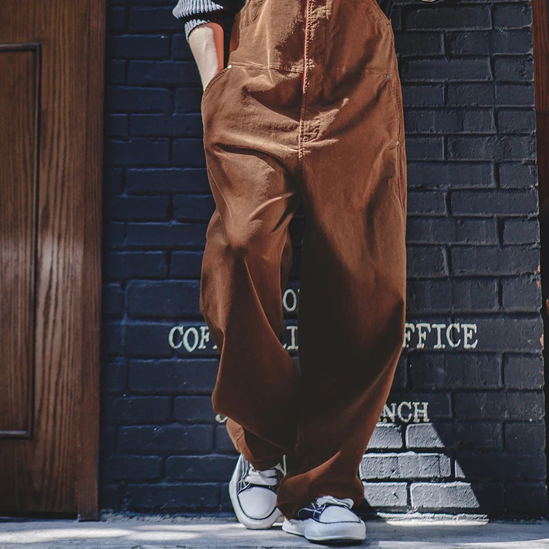 Maden Retro Corduroy Overalls Solid Color Loose with Pocket Adjustable Suspender Jumpsuit for Mens Spring and Autumn Trousers 260521BJ