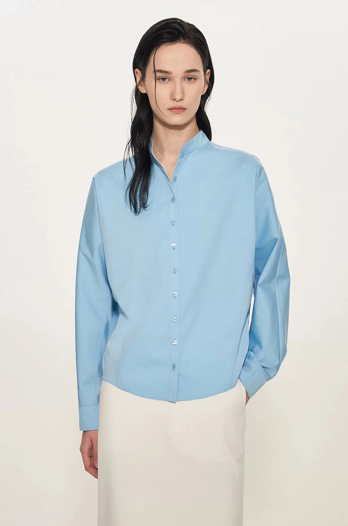 Elegant Pure Color Stand Collar Long Sleeve Shirt Womens Commute Style Slim Fit Casual Top Spring Arrival 260521BJ