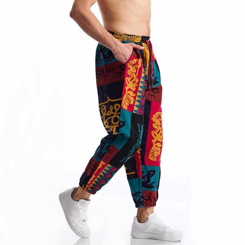 Euro Size Mens Boho Tribal Print Stretch Linen Pnats Cotton Blend Drawstring LightWeight Trousers with Pockets 260521BJ