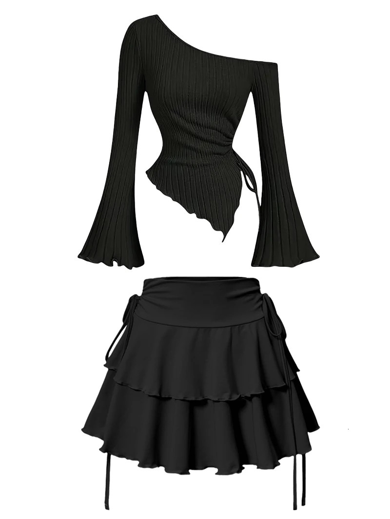 Fashion Womens Half Skirt Summer Casual Elastic High Waist Slim Skirt Long Sleeve Slant Shoulder Sexy T-shirt Top 2-Piece 260520BJ