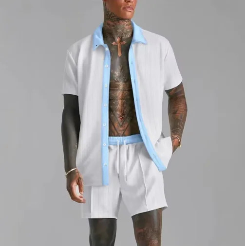 Summer Mens casual suit patchwork Jacquard lapel short-sleeved shirt Shorts 2-piece Stylish and comfortable Streetwear 260522BJ