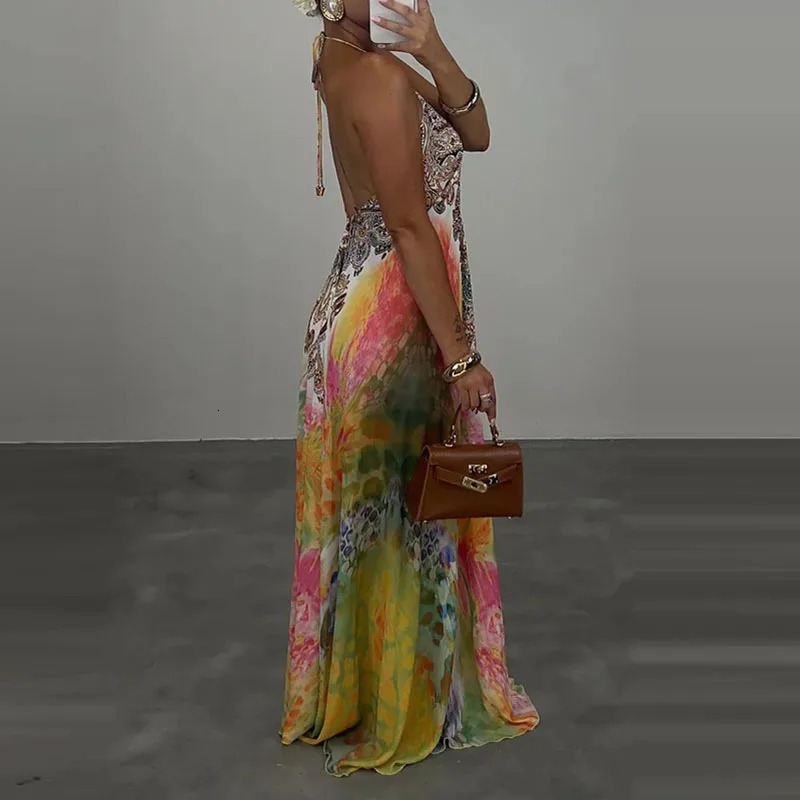 Casual High Waist Evening Party Dress Sexy V-neck Backless Sleeveless Vacation Robes Elegant Bohemian Printed Women Loose Dress 260520BJ