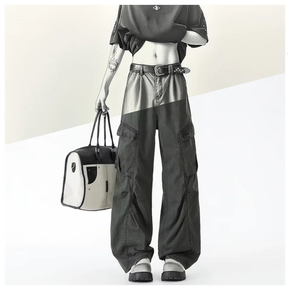 100 cotton Autumn high street Style High Waist Streetwear Multi Pocket Cargo Jeans Straight Pants Baggy Y2K Wide Leg boy denim 260515BANJIA