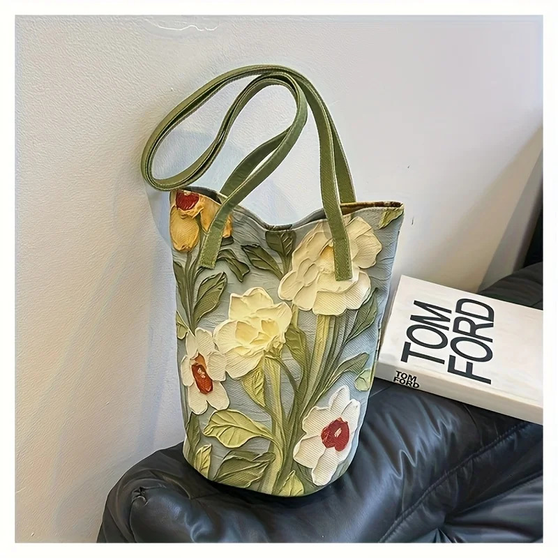 Womens Large Capacity Summer Floral Oxford Bucket Bag Casual Fashionable Shoulder with Oil Painting Flower n Handbag 260522BJ